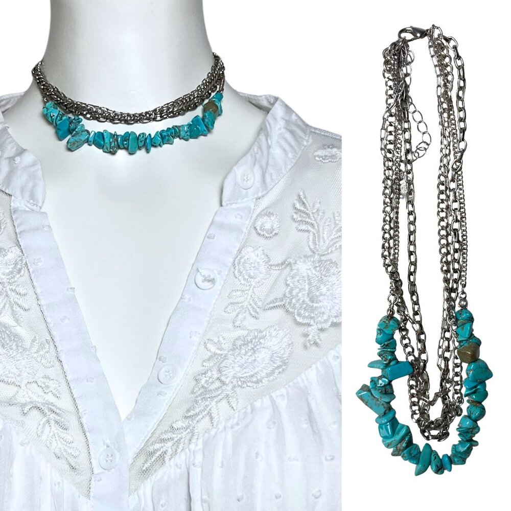 Faux Turquoise Silver Tone Chain Layered Choker Claire’s Necklace Boho 12-14”